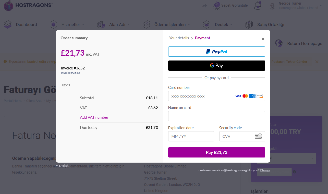 Plačilni zaslon stranke na strani Paddle WHMCS modula