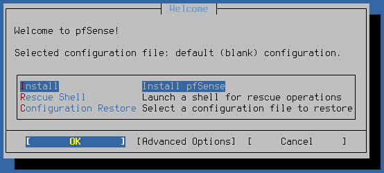 pfSense installasjonsskjerm