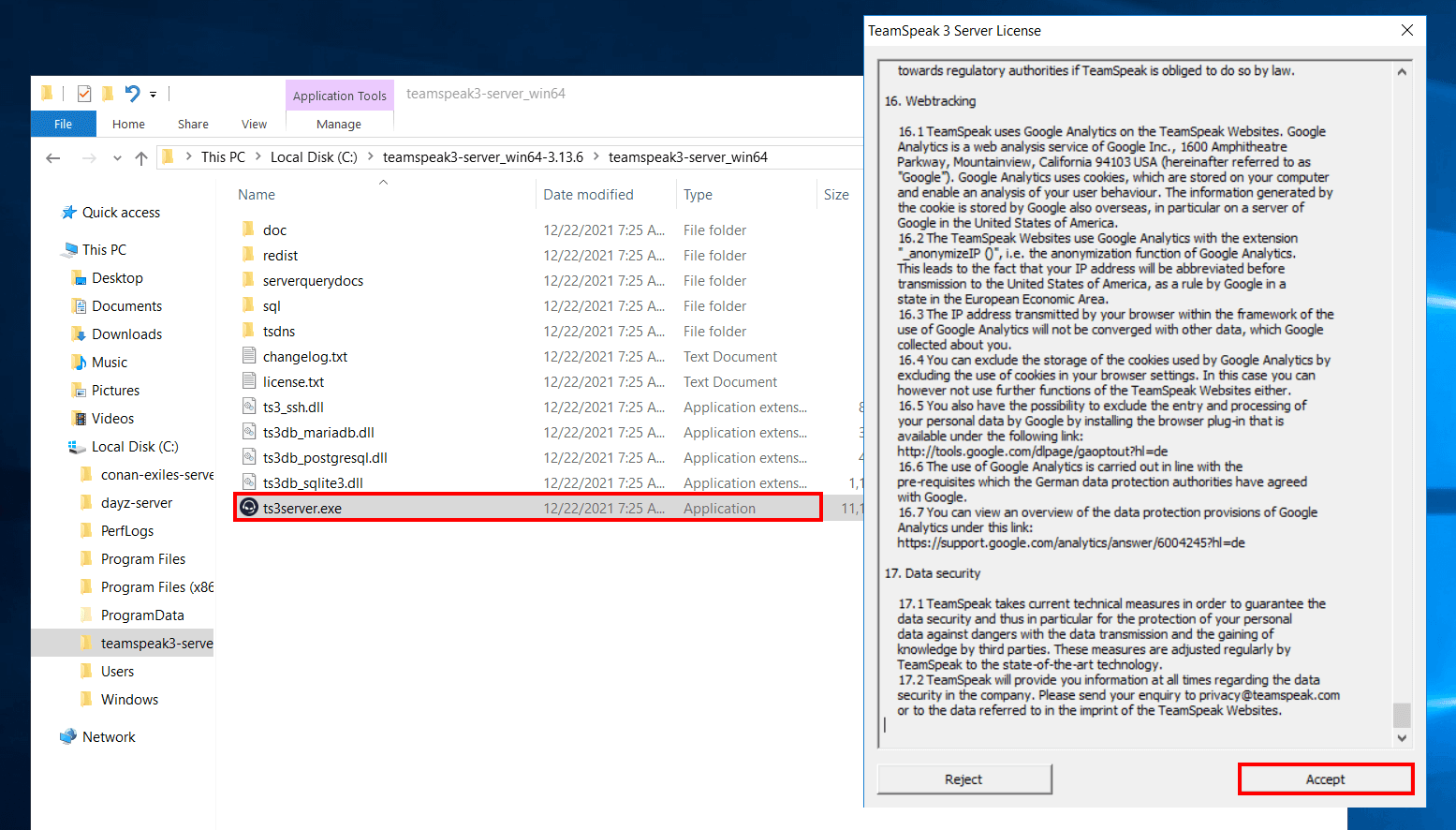 TeamSpeak Server Installasjonsskjermbilde